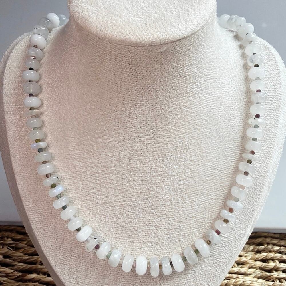 18" Beaded Gemstone Necklace, Rainbow Moonstone & Watermelon Tourmaline, Gold